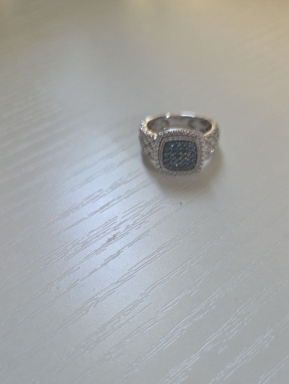 Sterling Silver Blue Pavé Diamond Cushion Cocktail Ring